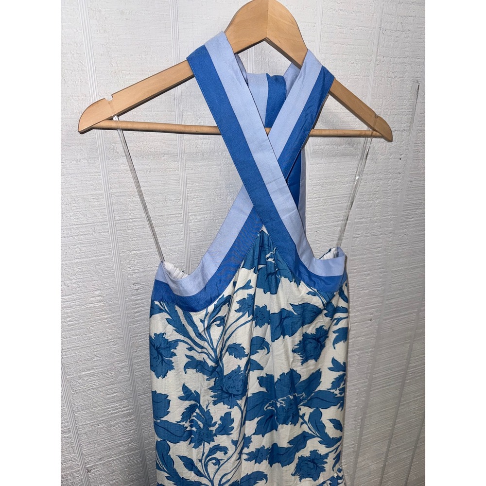 Entro Floral Halter Midi Dress Womens Blue White Coastal Tiered Pockets Small - Picture 2 of 6